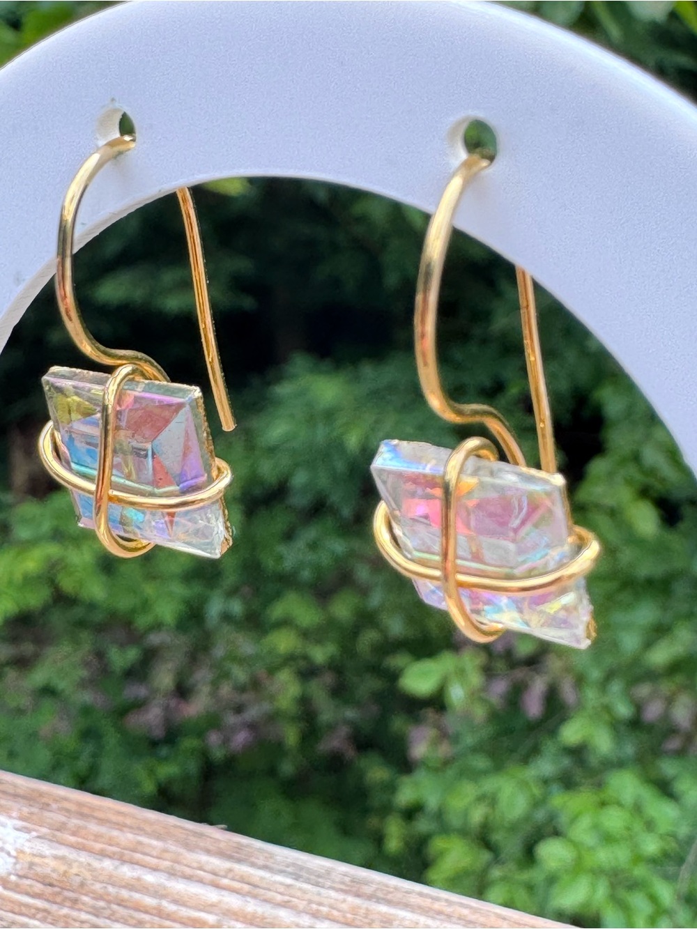 Gold Wire-Wrapped Iridescent Crystal Drop Earrings - Women Jewelry